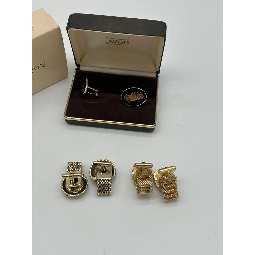 Vintage Cufflink Lot Avon Rolls Royce 1972 Gold Tone Mesh Wrap Cufflinks 3 Pairs